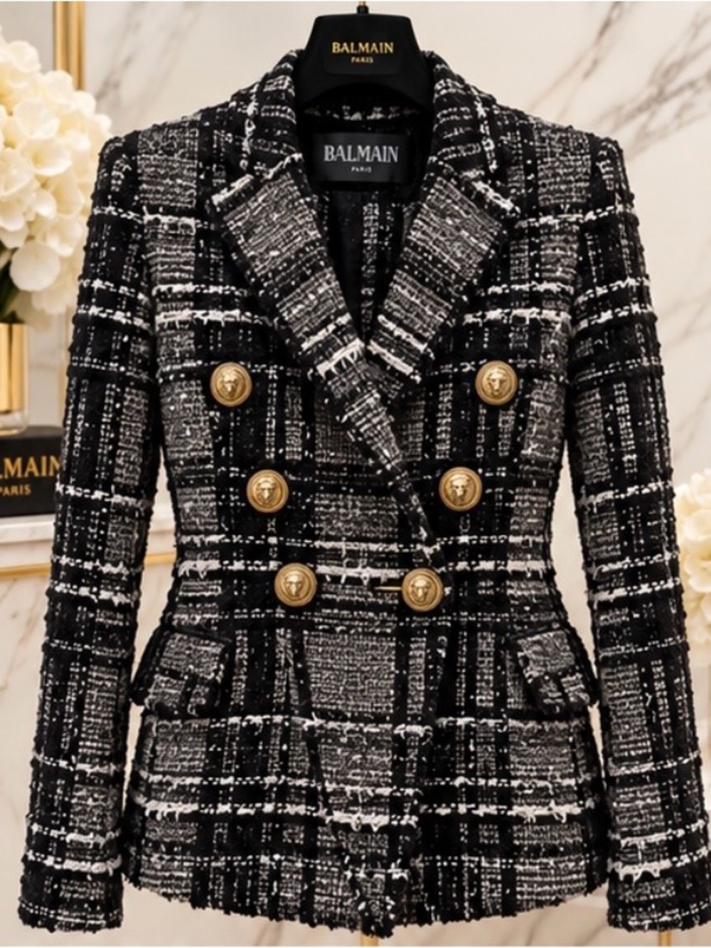 Balmain Black and White Tweed Double-Breasted Blazer with Gold Buttons